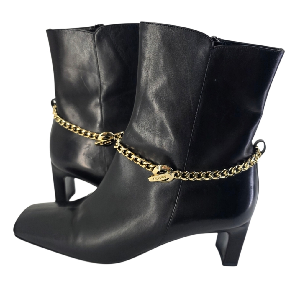 St. John Black Leather Heeled Ankle Boot Booties Gold Chain Made in Italy Sz 7.5